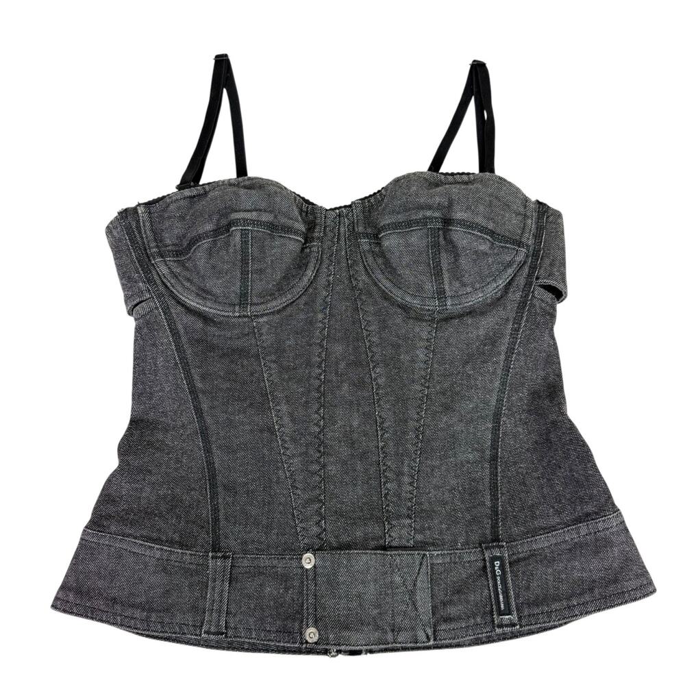 D&G Dolce & Gabbana Bustier Corset Top Grey Denim Black Lace Trim Sz S Vintage